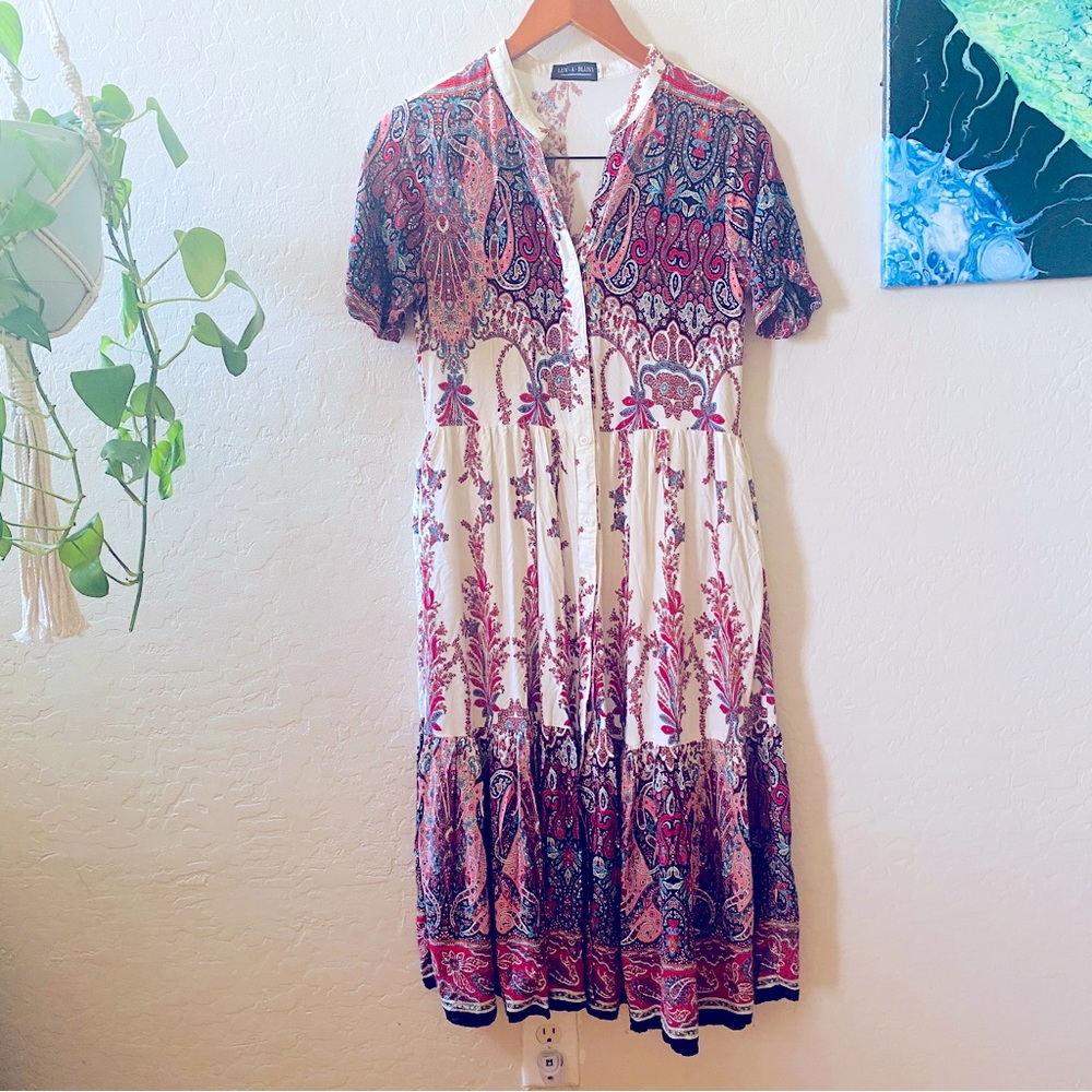 Luv A Blusa Cream Red Paisley Boho Midi Dress